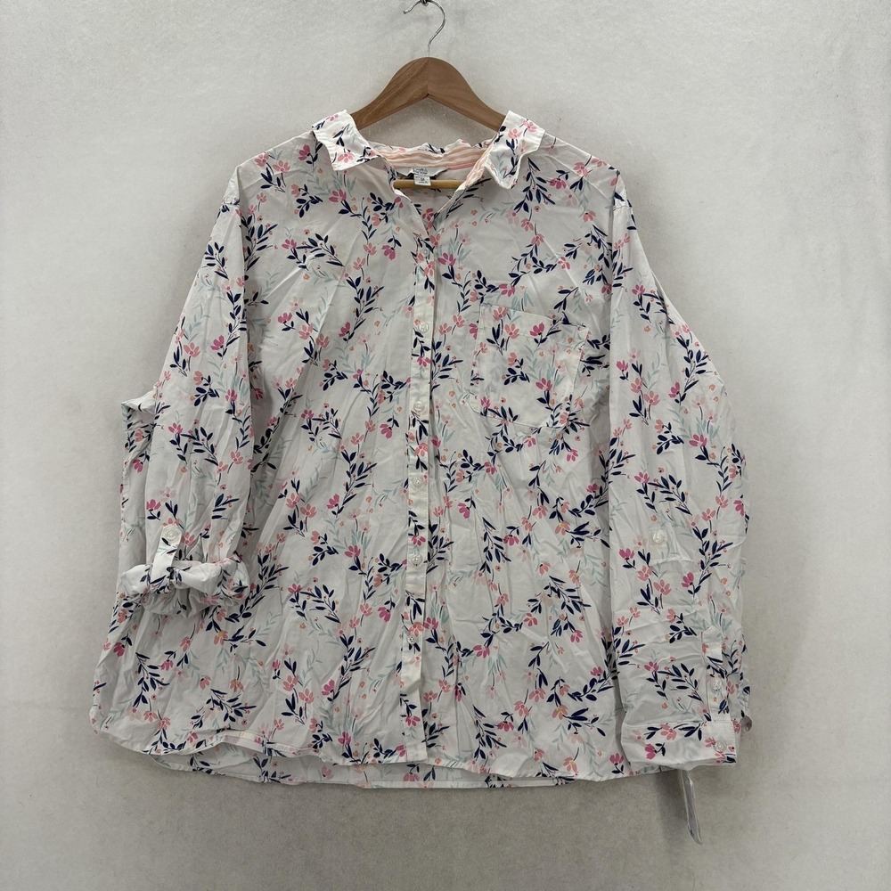 Croft & Barrow Button Up Shirt Womens 3X Plus White Floral Long Sleeve Stretch